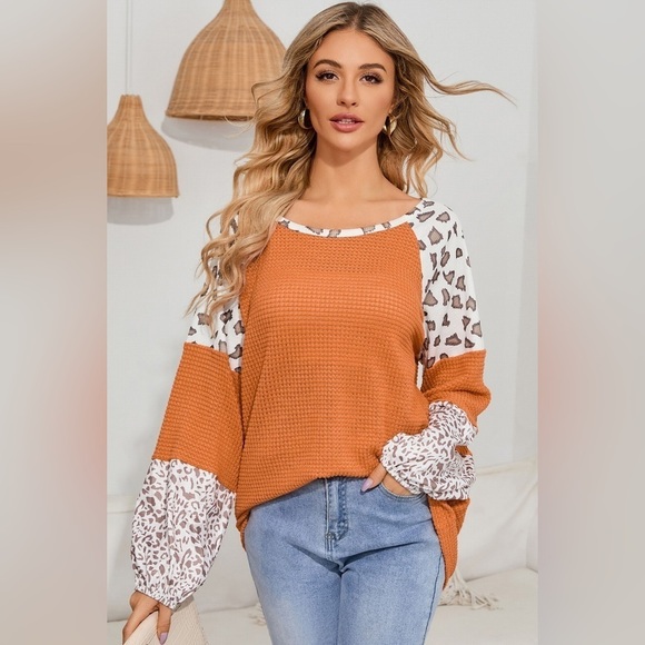 Spotlight Style Leopard Waffle-Knit Blouse - Picture 1 of 5